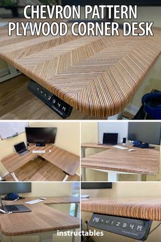 this desk is made out of wood and has an interesting pattern on the top layer