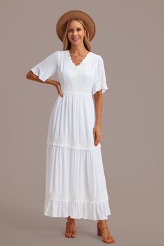 White Lace Short Sleeve V Neck Tiered Maxi Dress V Neck White Dress, Church Dress Outfit, Modest Clothing Women, Short Sleeve Lace Dress, White Lace Shorts, White Maxi Dress, Strappy High Heels, Engagement Dresses, Lace Short