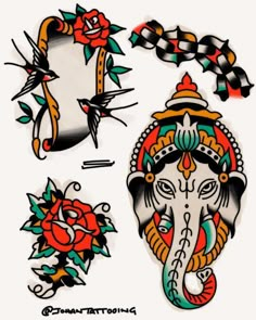 an elephant with flowers on it's head and some other tattoo art designs in the background