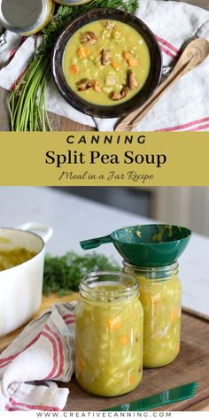 two jars filled with soup sitting on top of a wooden cutting board next to spoons and