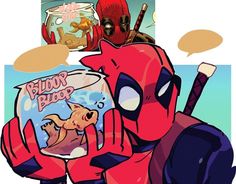 the deadpool is holding a fish bowl with his face in it and talking to another deadpool