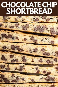 chocolate chip shortbreads stacked on top of each other with the title above it