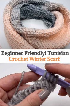 someone crocheting together to make a knitted scarf with text overlay that reads beginner friendly turkish crochet winter scarf