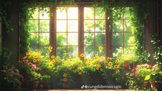 the sun shines through an open window with potted plants