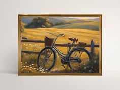 a painting of a bicycle parked in front of a fence