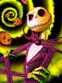 a painting of a skeleton dancing with two pumpkins