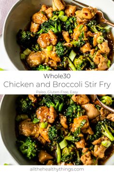 chicken and broccoli stir fry in a white bowl