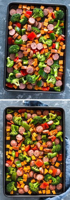 two pans filled with sausage, broccoli and carrots next to each other