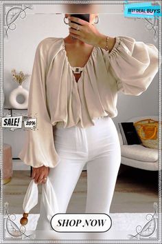 Plain V Neck Long Sleeve Elegant Top Tops Online Shopping, Fashion Black And White, Plain Tops, Chiffon Long Sleeve, Solid Color Shirt, Neutral Outfit, Fashion Elegant, Plain Shirts, Fashion Black