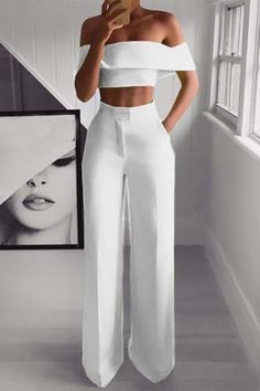 Sexy Simplicity Solid Off the Shoulder Short Sleeve Two Pieces(5 Colors) Celana Fashion, Wide Leg Pant Suit, Colorful Jumpsuit, Off Shoulder Crop Top, Cropped Tops, Long Crop Top, Looks Chic, Shoulder Crop Top, Looks Style