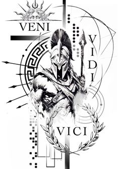 Veni Vidi Vici Tattoo Men Arm, Gladiator Tattoo Ideas, Gladiator Sleeve Tattoo, Gladiator Symbol, Black Warrior Tattoo, Conceptual Tattoo Ideas, Tattoo Gladiator, Gladiator Art, Spartan Warrior Tattoo