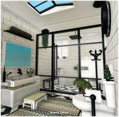 a bathroom with black and white tile flooring and skylight above the bathtub