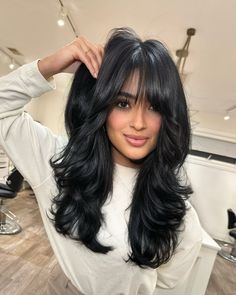 24 Trending Hairstyles For Oval Face Shape Long Bangs With Layers, Black Hair With Bangs And Layers, Medium Layered Hair With Curtain Bangs, Hairstyles For Oval Face Shape, Hairstyles For Oval Face, Dark Hair Color Ideas, Oval Face Bangs, Dark Hair Color, Fall Haircuts