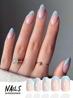 24pcs/Set Fashionable Blue French Wave Pattern Almond Shape Full Cover False Nails With Smooth Surface, Jelly Glue And Nail File, Suitable For Parties, Dance, And Daily Wear Press On Nails Nail Supplies Baby Blue     Colorblock,Striped Color Nails   Nail,Hand & Foot Care, size features are:Bust: ,Length: ,Sleeve Length: Nagel Tips, Easy Nails, Her Nails, Fake Nails With Glue, Almond Acrylic Nails, Blue Nail, Nailed It, Chic Nails