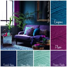 a living room with purple, blue and green colors in the same color palettes