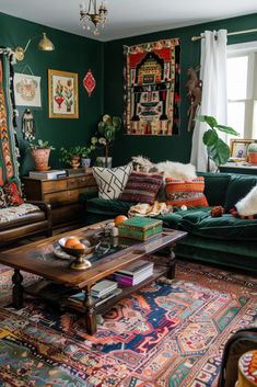 a living room with green walls and rugs