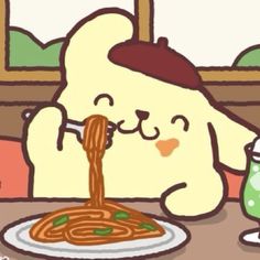 a cartoon bear is eating spaghetti at a table