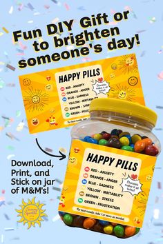 Spread joy and laughter with this delightful DIY project! Transform your 64 oz jar of M&M's candy into a whimsical "Happy Pills" jar with our printable label. This instant download, is perfect for those who love to add a touch of fun to their home or office decor or surprise friends with a unique gift. M&m Gifts Ideas, M And M Gift Ideas, Candy Medicine Ideas, Peanut M&m Gift Ideas, Chill Pills Label Free Printable, M M Gift Ideas, Office Candy Jar Ideas, Cadeau Cricut