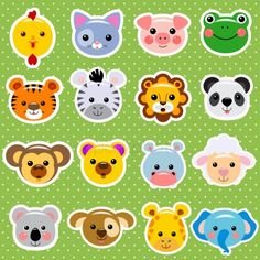 a set of cute cartoon animal stickers on green polka dot background with white dots