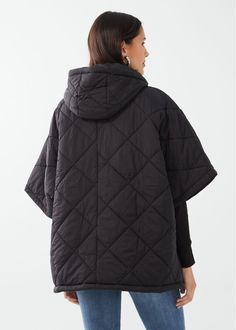 Step out in timeless elegance with our Black Diamond Quilted Poncho. This sophisticated piece features an adjustable drawstring at the waist for a more tailored fit, elbow-length sleeves for a chic silhouette, and a closed hood that adds a touch of mystery. Black Quilted Nylon Adjustable Drawstring Waist Elbow-length Sleeves Hand wash cold, hang dry. Back Length: 30" Model is wearing size XS-S-M. Black Oversized Short Sleeve Outerwear, Oversized Black Outerwear With Short Sleeves, Quilted Poncho, Black Quilt, Diamond Quilt, Elbow Length Sleeve, Black Diamond, Drawstring Waist, Timeless Elegance