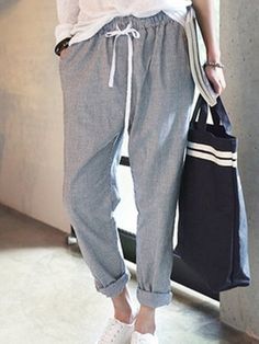 All Season Natural Casual Linen Stripes Pants, Gray / M Spring Gray Harem Pants With Pockets, Gray Ankle-length Casual Harem Pants, Gray Ankle-length Sweatpants For Spring, Non-stretch Ankle-length Sweatpants For Spring, Casual Gray Pants For Spring, Casual Ankle-length Sweatpants For Spring, Casual Ankle-length Spring Sweatpants, Casual Spring Ankle-length Sweatpants, Spring Casual Ankle-length Sweatpants