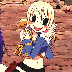 an anime character with blonde hair and blue eyes is standing in front of other characters