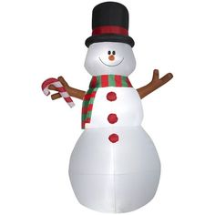 an inflatable snowman with a candy cane