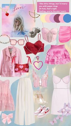 a collage of pink and white clothes with accessories