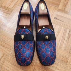 Description * Condition: New/Never Worn Color: Blue Red Gucci Lurex Gg Evening Loafers, Size 6.5 Gucci (Fits Large; More Like 41 Eu Or 7uk). For Reference, I'm 8.5d On The Brannock Device And Normally Wears 41eu. Gold Feline Hardware, Blue & Red Web Limited Edition Runway Design. Made In Italy. Brand New Condition With Box. Designer Blue Loafers For Business, Designer Blue Loafers For Galas, Luxury Blue Loafers For Galas, Designer Blue Loafers With Round Toe, Blue Luxury Loafers For Galas, Designer Blue Loafers With Leather Sole, Luxury Blue Loafers With Round Toe, Luxury Blue Loafers With Rubber Sole, Gucci Blue Formal Loafers