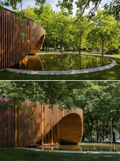 two images of a wooden structure in the park with water and trees around it,