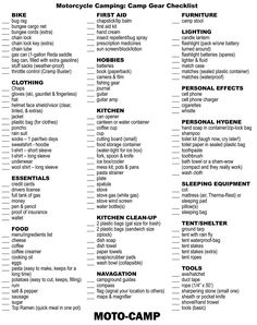 the moto camp checklist is shown in black and white, with words on it