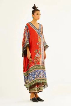 Shop for Rajdeep Ranawat Red Olivia Silk Kaftan Tunic for Women Online at Aza Fashions Red Printed Silk Kaftan, Red Floral Print Tunic Kaftan, Red V-neck Dress With Dupatta, Red Kaftan With Floral Print And Kimono Sleeves, Bohemian Silk Kaftan With Sheer Dupatta, Red Floral Print Kaftan With Kimono Sleeves, Red Dress With Dupatta For Spring, Red Silk Maxi Kaftan, Red Silk Maxi-length Kaftan