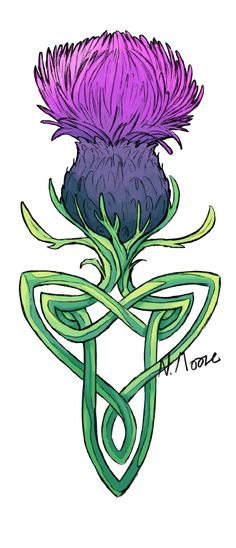 a drawing of a purple flower with green stems