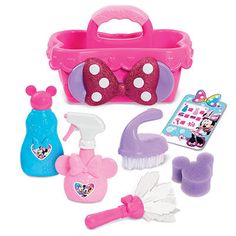 a minnie mouse toy set with accessories including a duster, brush and cleaner bottle