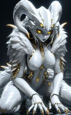 a white creature with yellow eyes sitting on the ground in front of a dark background