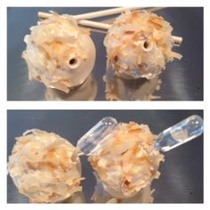 three different views of food being made on sticks