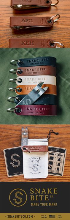 the snake bite logo is on top of several different colored leathers and metal clips