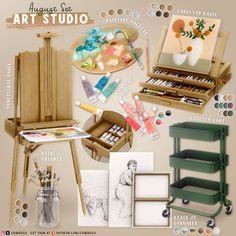 an artist's studio with lots of art supplies