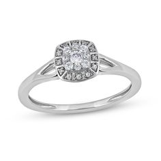 Celebrate the start of something beautiful - your romance! - with this charming diamond cushion frame promise ring. Crafted in cool 10K white gold A cushion-shaped composite of round diamonds sparkles at the center. Diamonds adorn the ornate frame. The split shank adds a final layer of depth to this 1/5 ct. t.w. diamond ring. Anniversary Cushion Cut Halo Ring With Diamond Accents, Cushion Cut Cluster Ring For Anniversary, Anniversary Cushion Cut Diamond Ring With Accents, Anniversary Cushion Cut Cluster Ring With Halo Setting, Cushion Cut Diamond Ring With Diamond Accents For Wedding, Cushion Cut Diamond Ring With Halo Setting For Anniversary, White Diamond Ring With Cushion Cut And Diamond Accents, Cushion Cut Diamond Ring With Accents For Wedding, Cushion Cut Wedding Diamond Ring With Accents