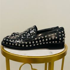 Nwt Zara Loafer With Stud Embellishments Size-Eur 41 Color- Black With Silver Studs Zara Loafers, Zara Shoes, Zara Black, Silver Studs, Mule, Flat Shoes Women, Loafer Flats, Black Silver, Black Color