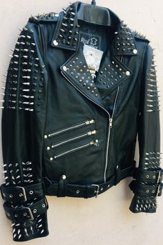 Material: Studded Jacket made with 100 % Genuine Top Quality Cowhide Leather Polyester Inner Lining & inside Pocket High Quality Spikes & Studs. Each securely added by hand Stainless Steel Silver studs Spiked Leather Jacket, Leather Jacket Hoodie, Biker Wear, Battle Jacket, Black Punks, Punk Accessories, Studded Jacket, Punk Outfits, Leather Biker Jacket