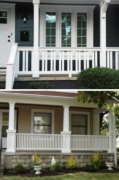 before and after shots of a front porch with white railings on both sides, and an image of the outside of a house