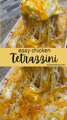 an easy chicken tetrazzini casserole recipe with cheese and sauce on top