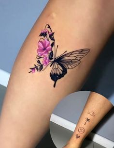 a woman's leg with a butterfly and flowers tattoo on the side of her leg