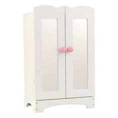 a white armoire with pink knobs on the front and back doors, against a white background