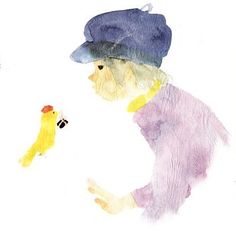 a watercolor painting of a boy holding a bird in his hand and looking at it