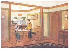 two women are sitting at a table in a room with wood paneling and walls