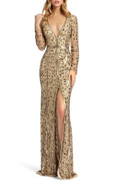 Embellished Long Sleeve Evening Gown | Nordstrom Gold Long Sleeve Dress, Egyptian Party, Neck Bracelet, Beaded Evening Gowns, Sequin Evening Gowns, Long Sleeve Evening Gowns, Gold Gown, Gown Style, Designer Evening Gowns