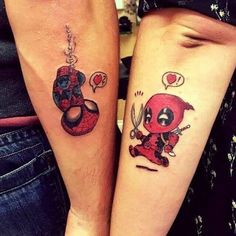 two people with matching tattoos on their legs, one has a deadpool and the other is