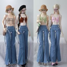 three mannequins dressed in jeans and hats are standing next to each other